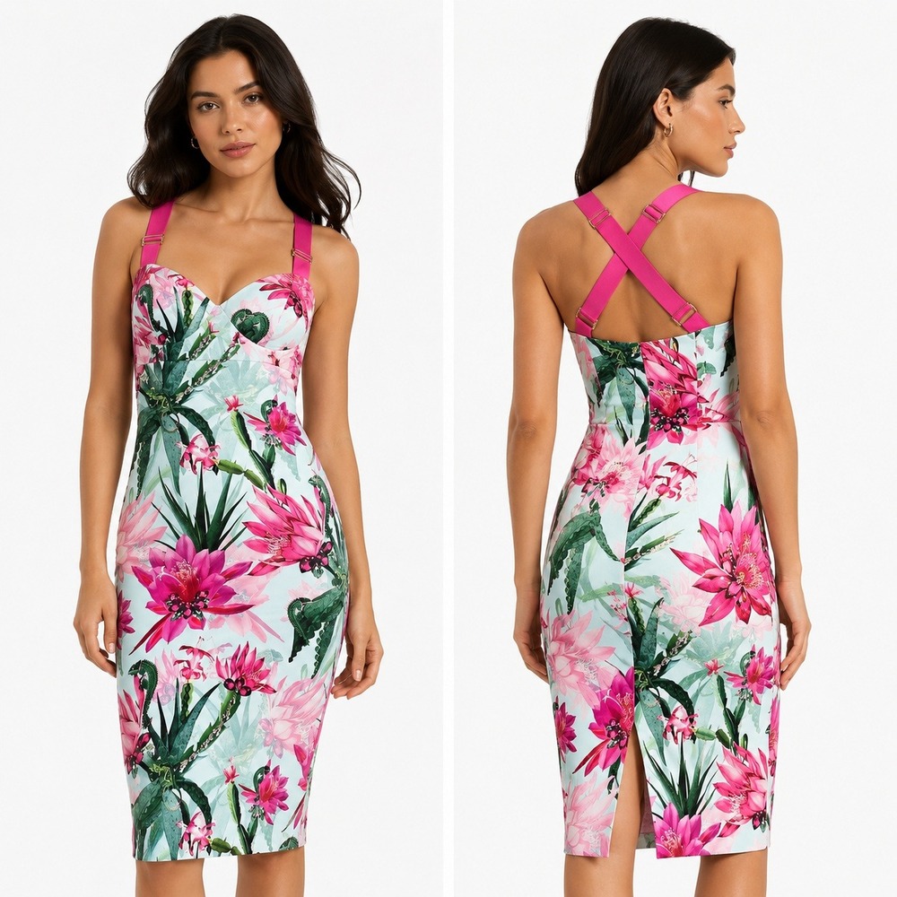 Ted Baker London Camouflaged Chameleon Bodycon Dress Size 2 Floral Pink Green